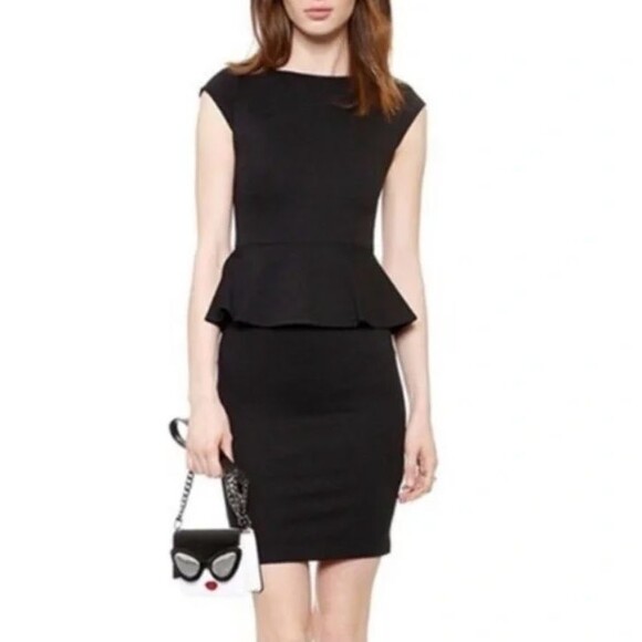 Alice + Olivia Black Dress SMALL Harmony Bateau Neck Knit Mini‎ Dress Peplum - Picture 1 of 14